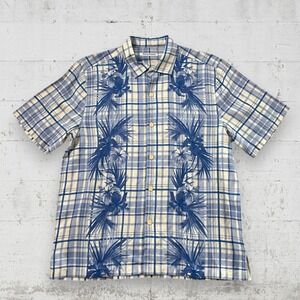 Tommy Bahama Ivory Blue Short Sleeve Shirt Lattice Bay Mens Silk Linen Sz L